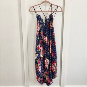 Free People Size Small Blue Floral Strappy Maxi Dress Lightweight Beach cover up